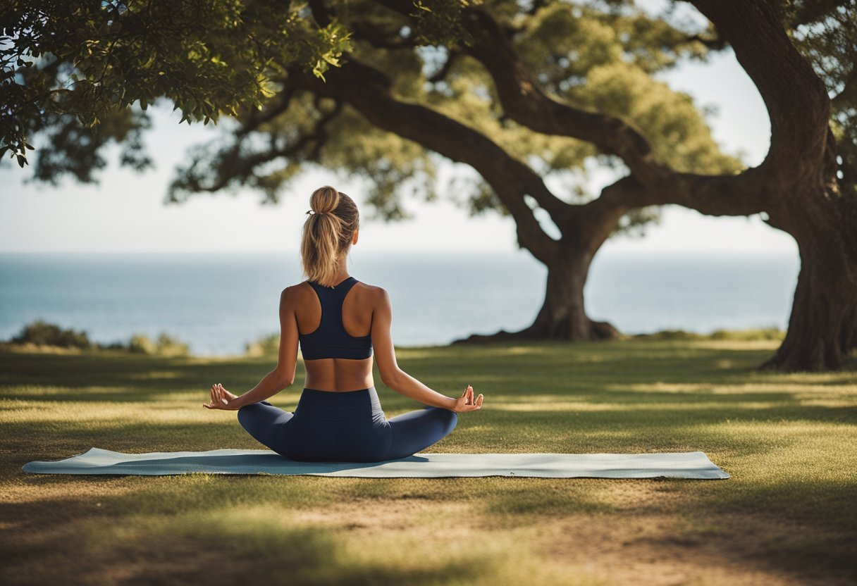 A person is outdoors, practicing yoga under an oak tree, with a view of the ocean in the background