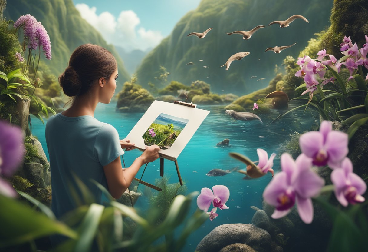 A person painting an ocean scene, observing otters playing, while others are observing orchids in a garden