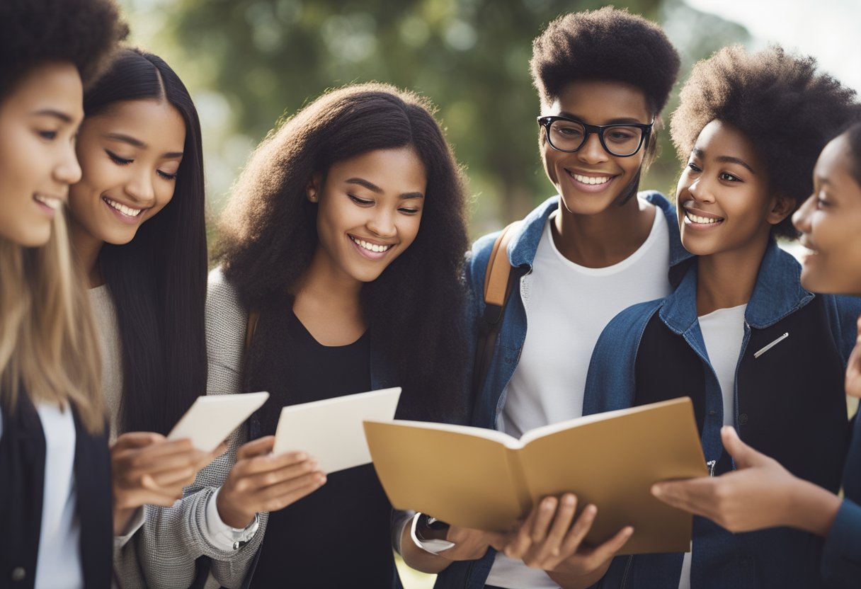 A group of diverse students eagerly reading a list of eligibility criteria for international undergraduate scholarships