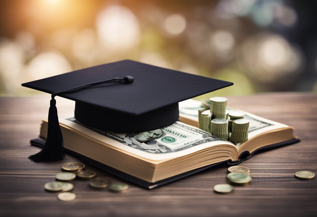 An open book with a globe, graduation cap, and a stack of money representing undergraduate scholarships for international students