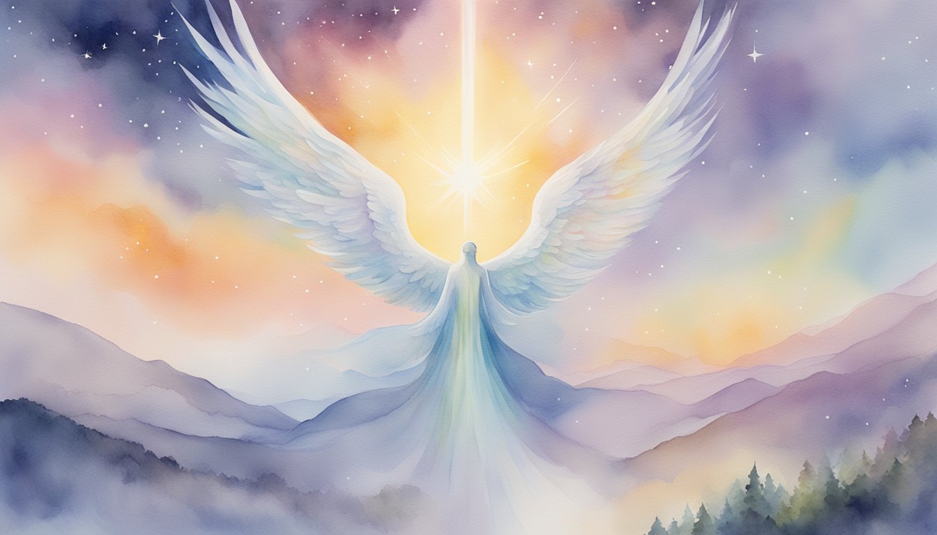 A glowing, ethereal 577 angel number hovers above a serene landscape, surrounded by celestial light and gentle, comforting energy