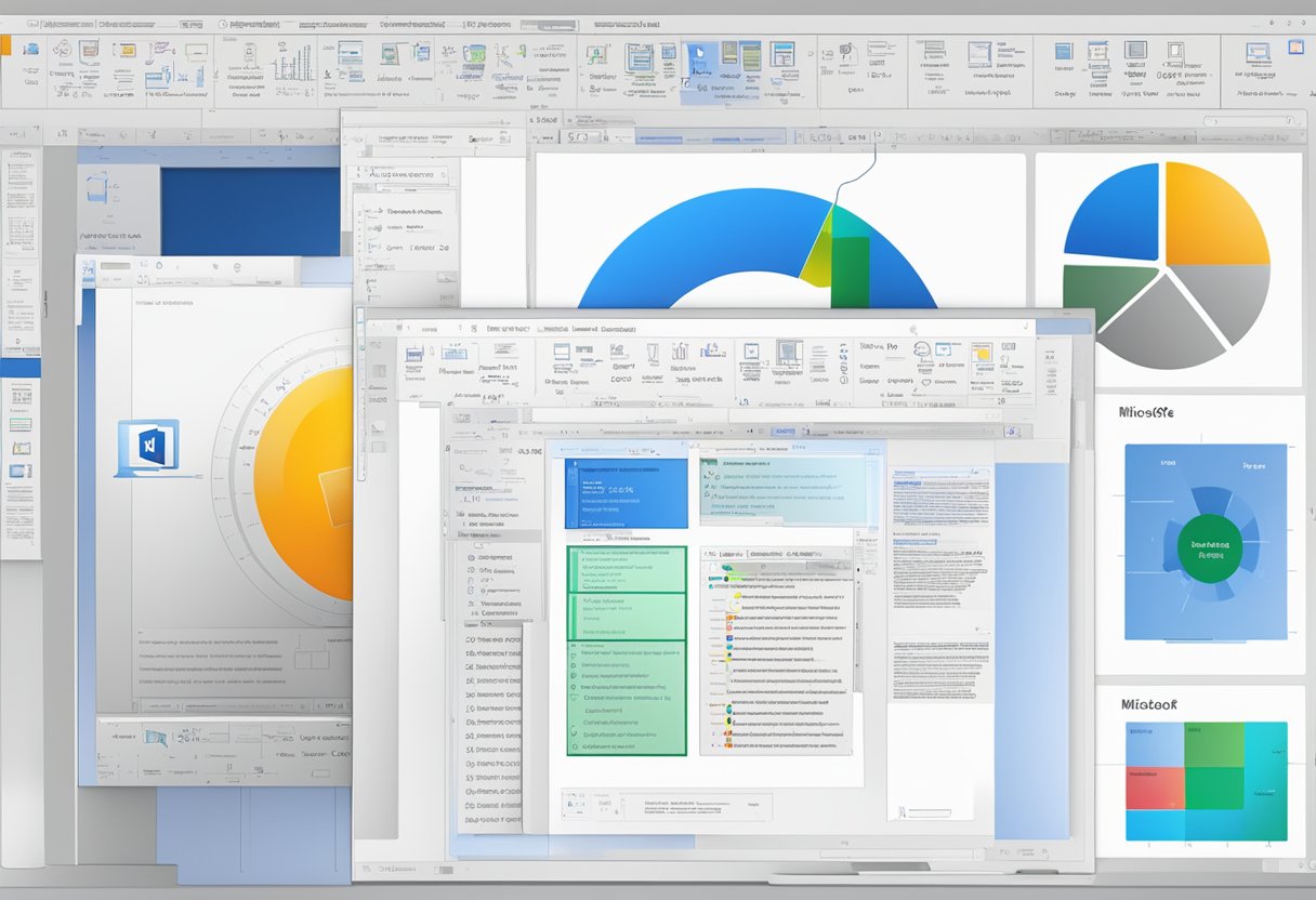 A computer screen displays an open Microsoft Word document with various advanced features and tools highlighted, showcasing the power and versatility of the software