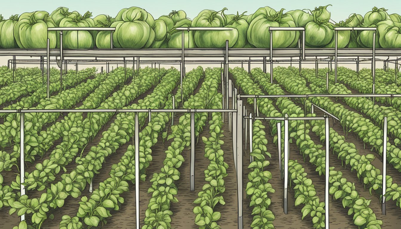 Lush green tomato seedlings stand tall in rows, surrounded by a sign reading "Frequently Asked Questions."