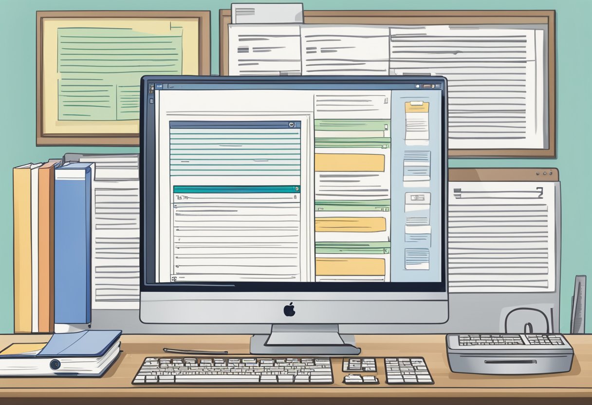 A computer screen displaying a Word document with a professional layout, including headings, subheadings, and bullet points. A mouse and keyboard are visible on the desk next to the screen