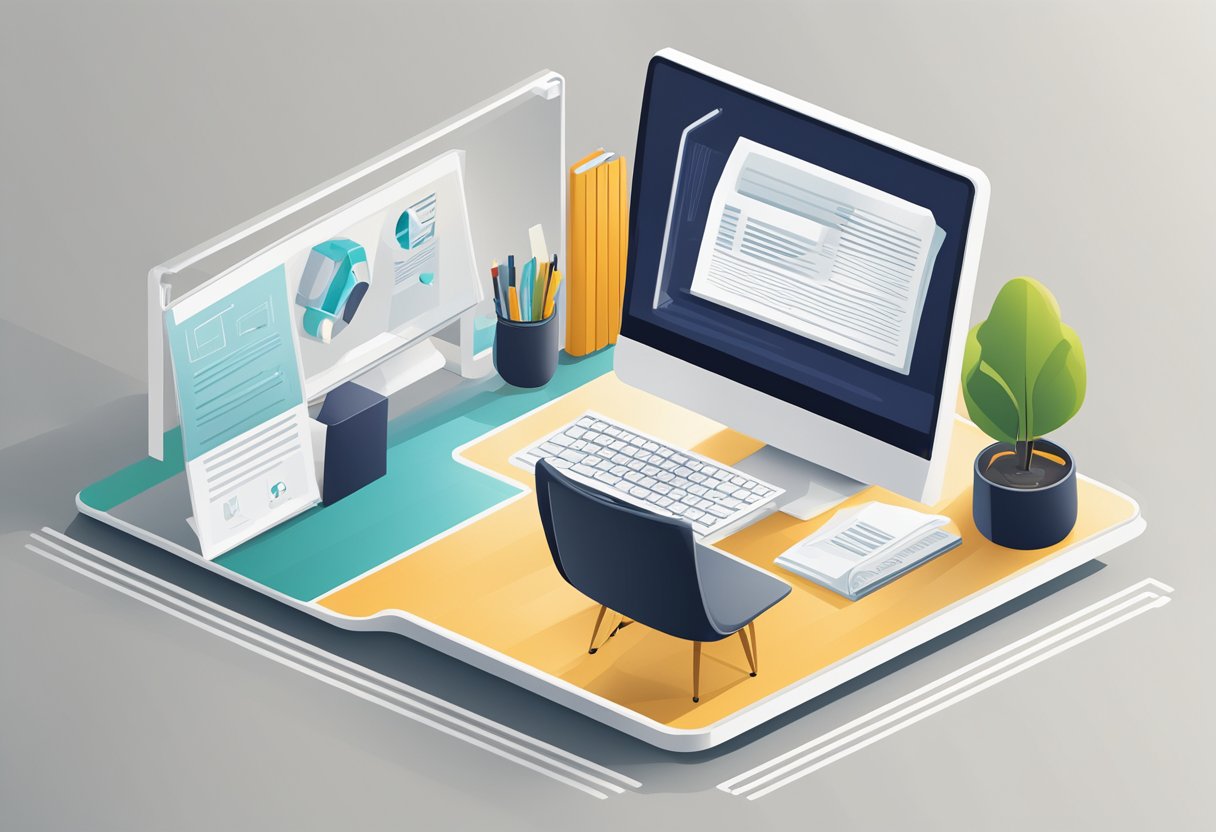 A sleek, modern office setting with a computer displaying a polished Word document. Clean lines and minimalistic decor convey professionalism and attention to detail