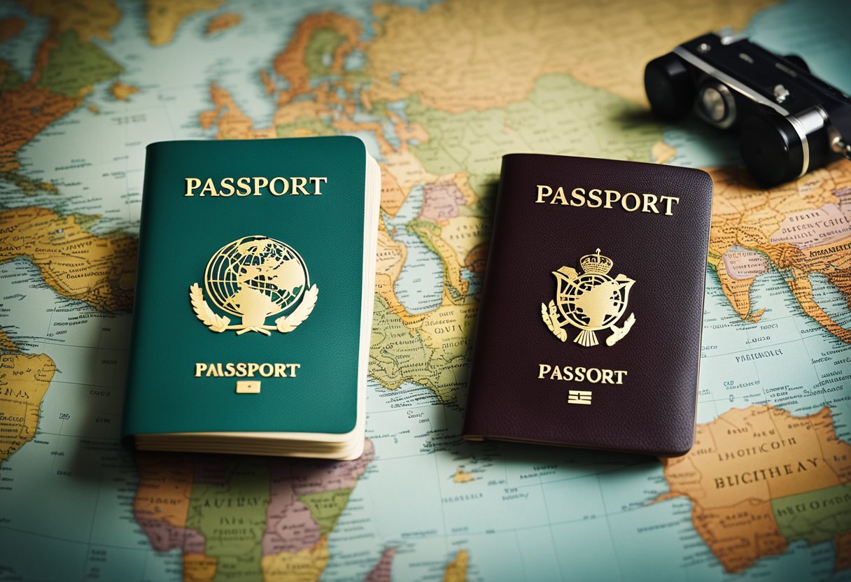 A passport surrounded by a world map, with a suitcase packed and a pile of foreign currency