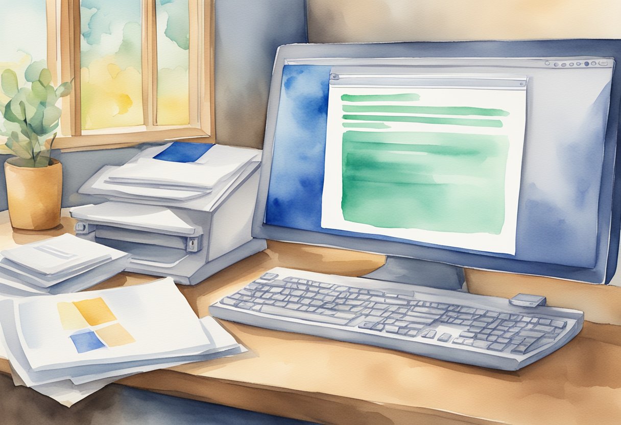 A computer screen displaying a Word document with mail merge fields, a printer, and a stack of personalized letters ready to be sent out