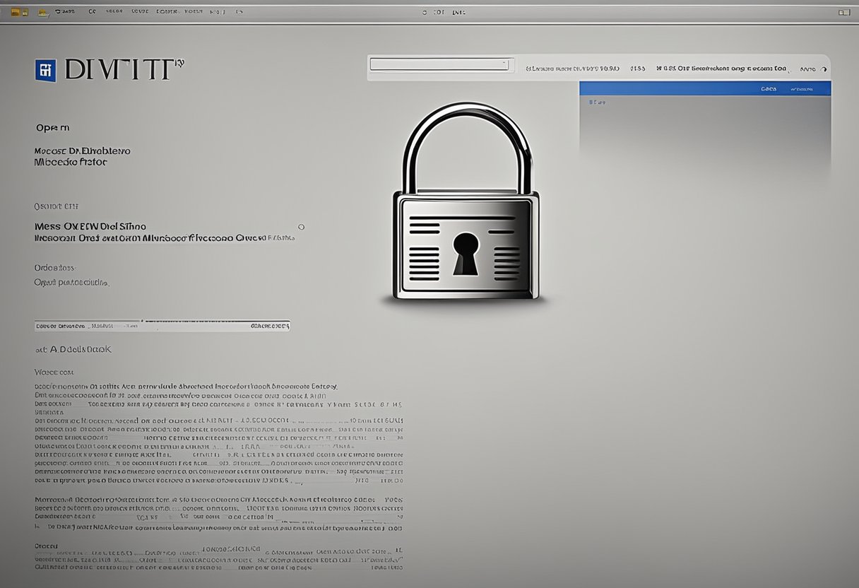 A computer screen displaying Microsoft Word with a secure document open, a padlock icon in the corner, and a watermark across the page