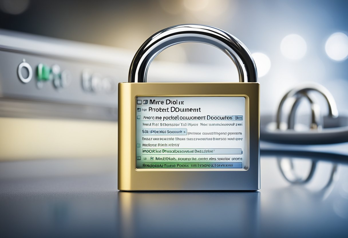 A computer screen displays a Microsoft Word document with the "Protect Document" option highlighted. A padlock icon and security options are visible in the toolbar
