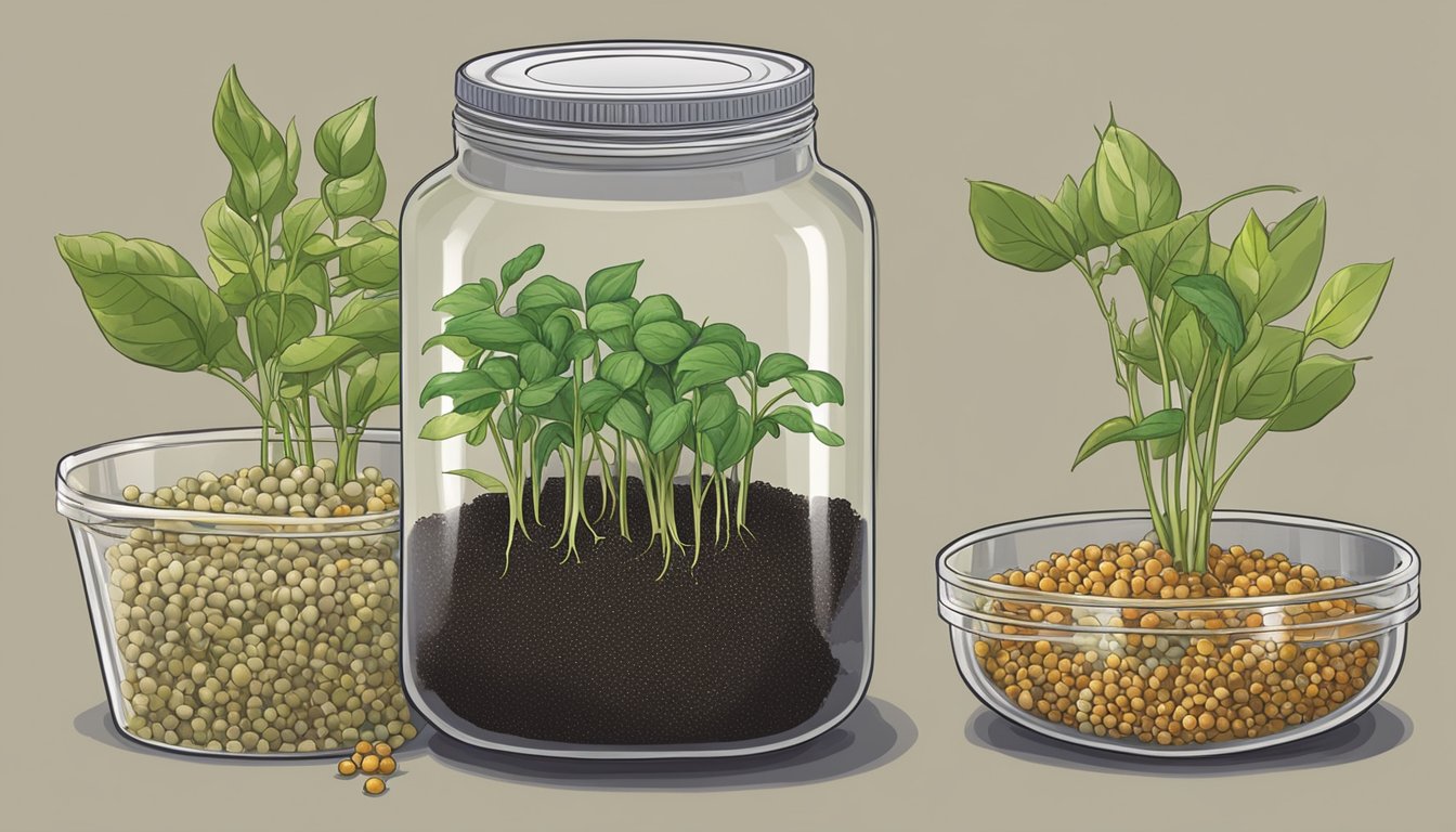 Pepper seeds sit in a labeled container, some sprout while others remain dormant