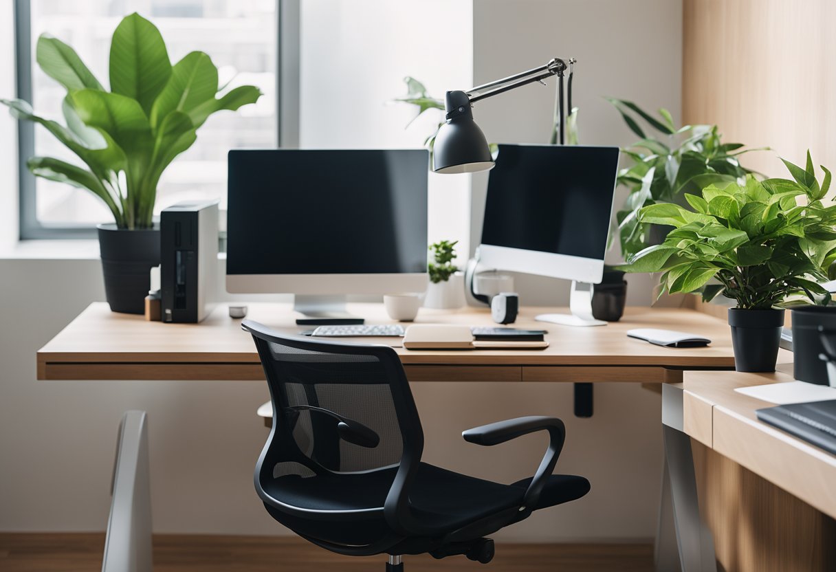 A clutter-free desk with a sleek computer, ergonomic chair, and personalized stationery. Bright natural light and a plant add a touch of nature