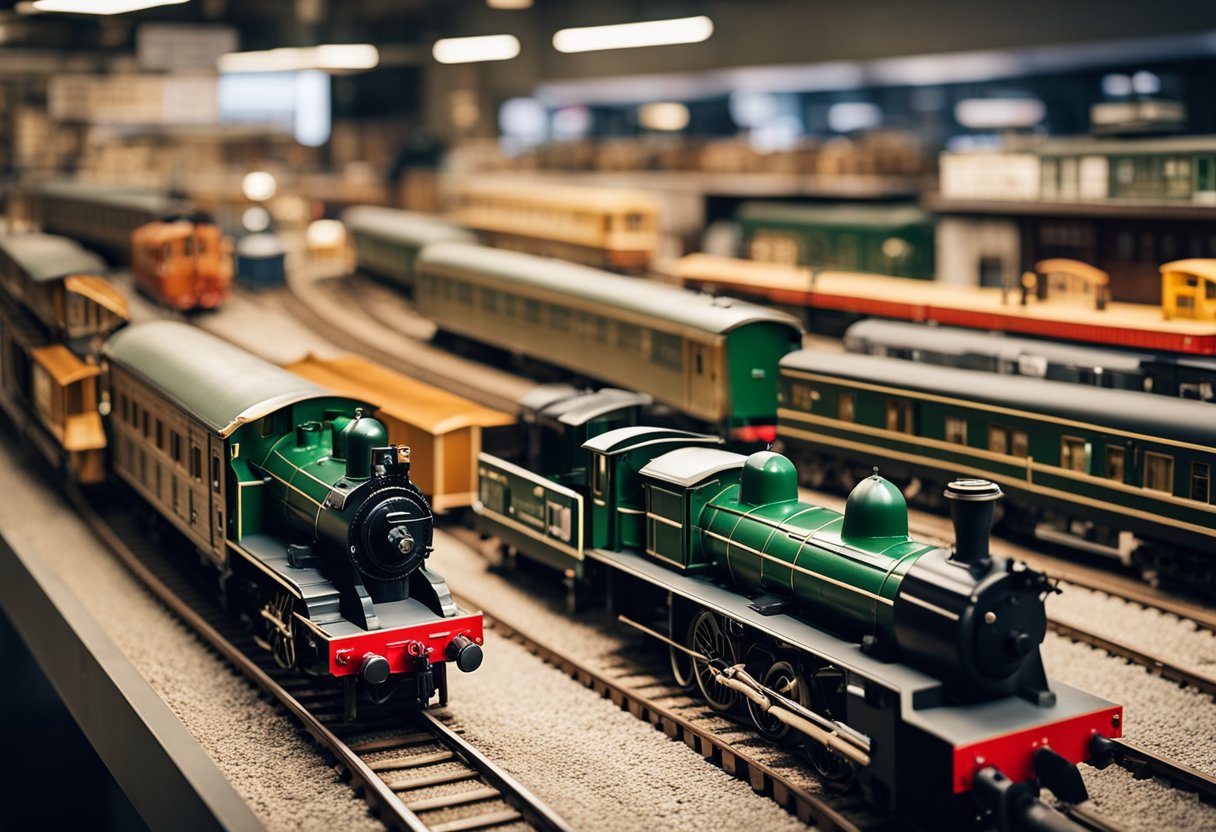 A display of intricate model trains on shelves with price tags