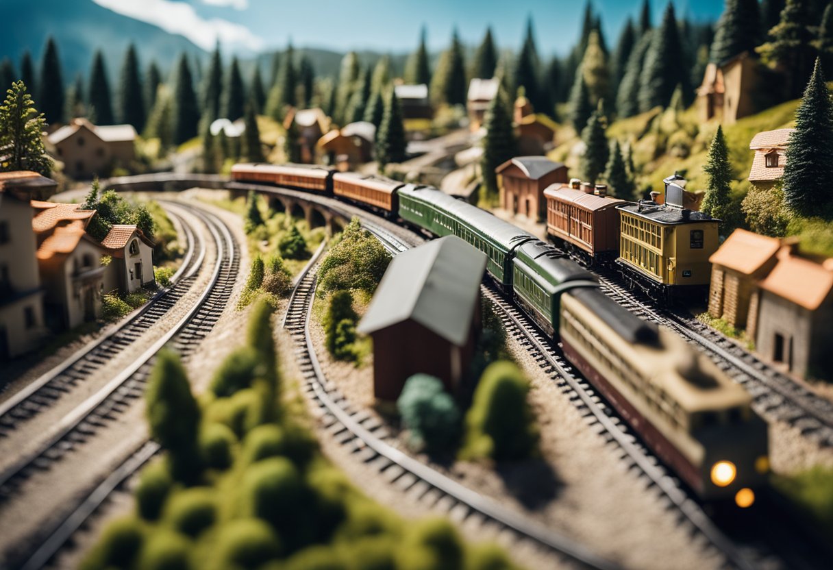 A detailed model train set with intricate tracks, realistic landscapes, and tiny buildings, showcasing the craftsmanship and attention to detail that contributes to the high cost