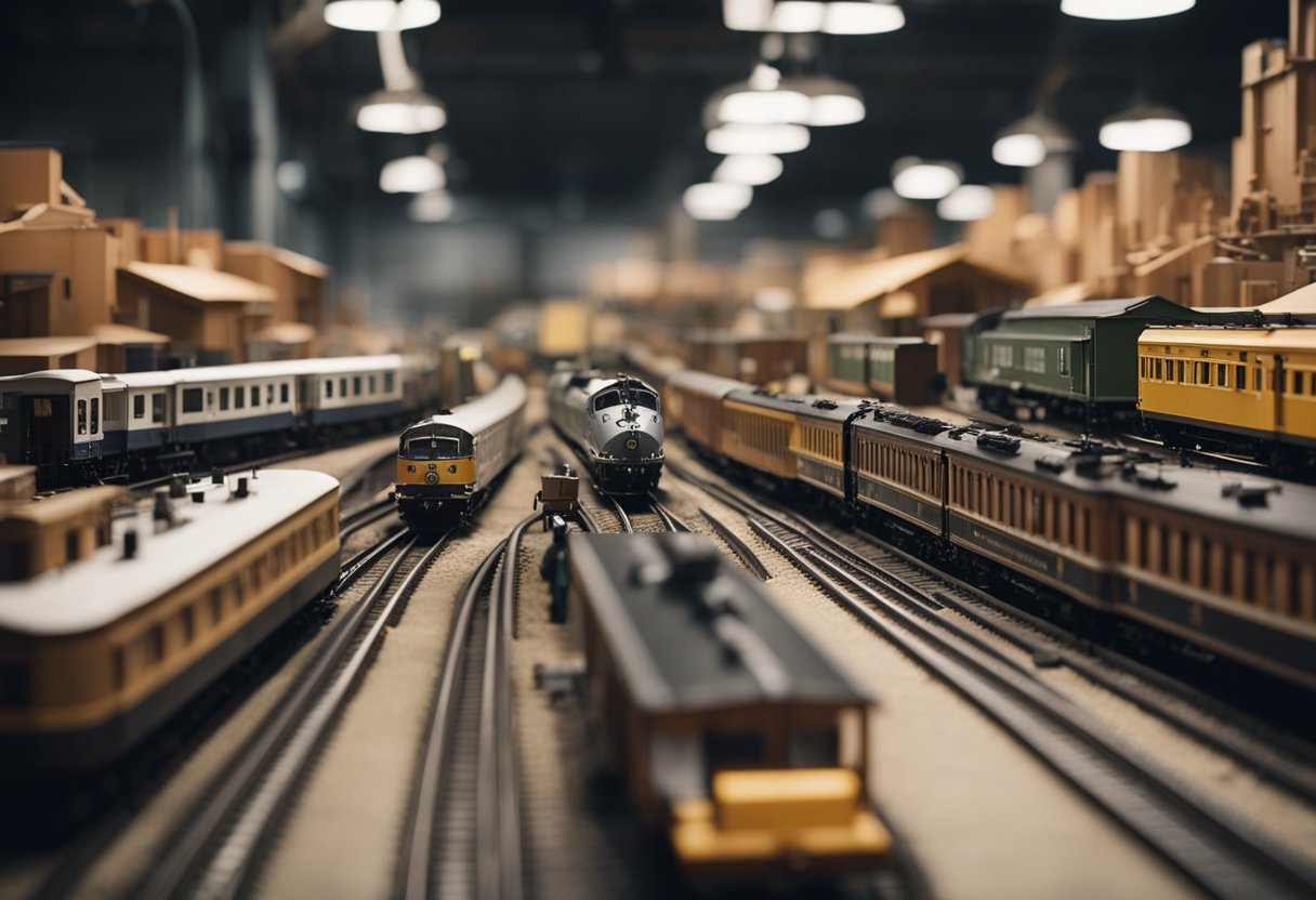 A model train workshop with intricate details, expensive materials, and specialized equipment. Multiple workers carefully assembling and testing each train