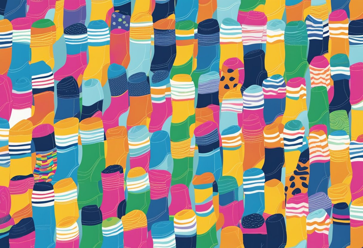 A colorful array of mismatched socks arranged in a playful and eye-catching display, representing the Lots of Socks campaign's message of diversity and inclusion