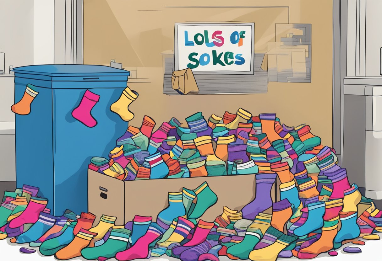 A pile of colorful socks spilling out of a large donation box, with a banner reading "Lots of Socks Campaign" hanging above