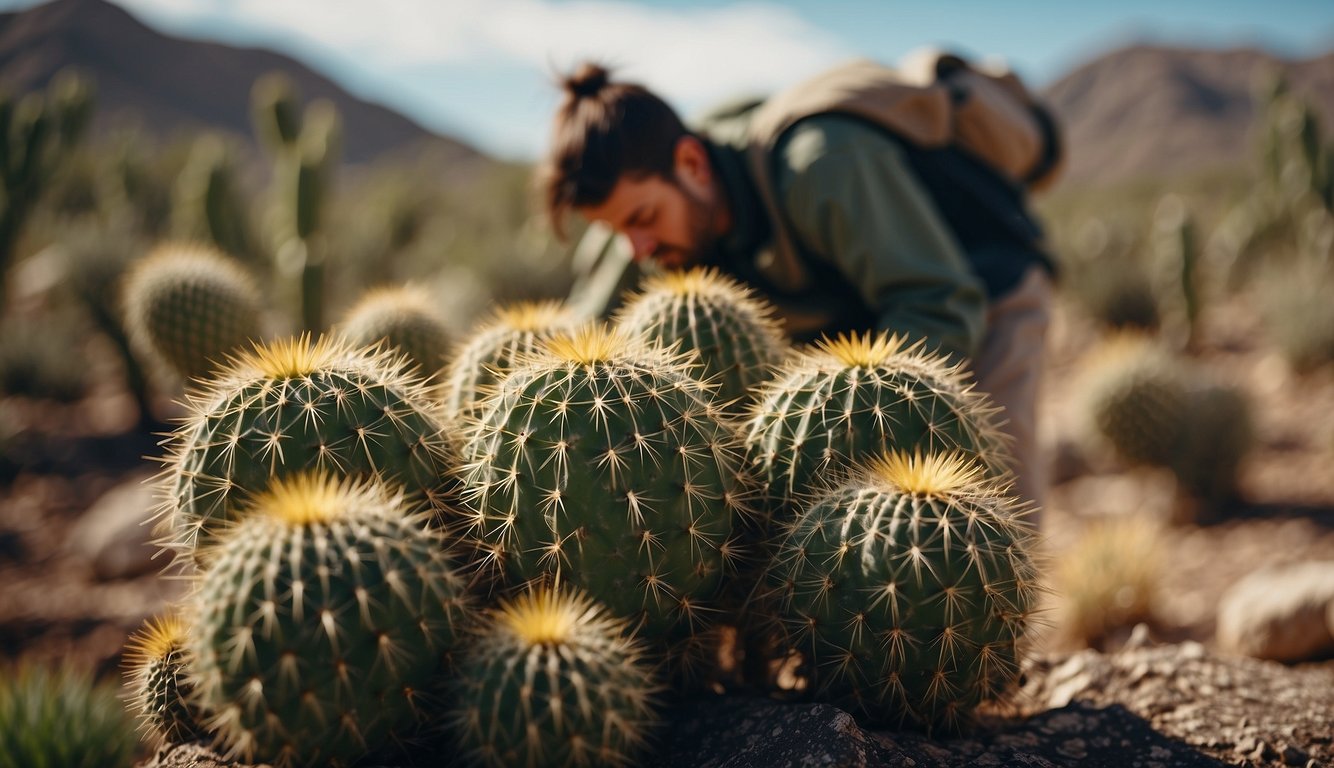 A person inspects cacti for scale insects on the prickly surface