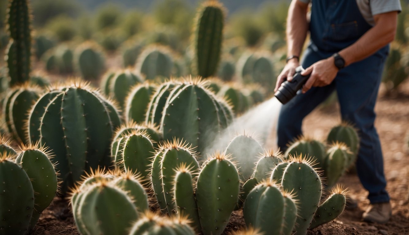 A farmer sprays chemical pesticides on cactus scales. The pesticide mist envelops the prickly pear, effectively treating the infestation