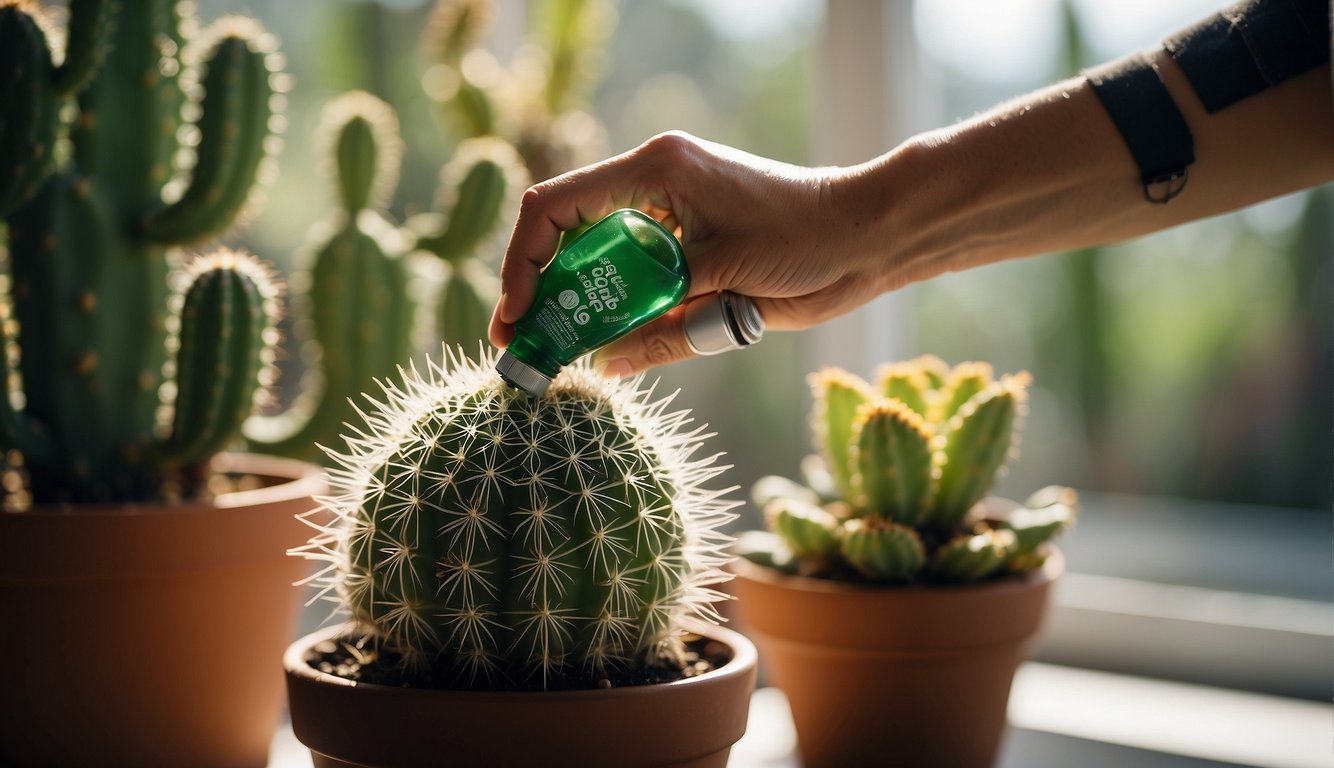A hand holding a spray bottle, applying treatment to cactus covered in scale insects. The cactus is in a pot, placed on a sunny windowsill