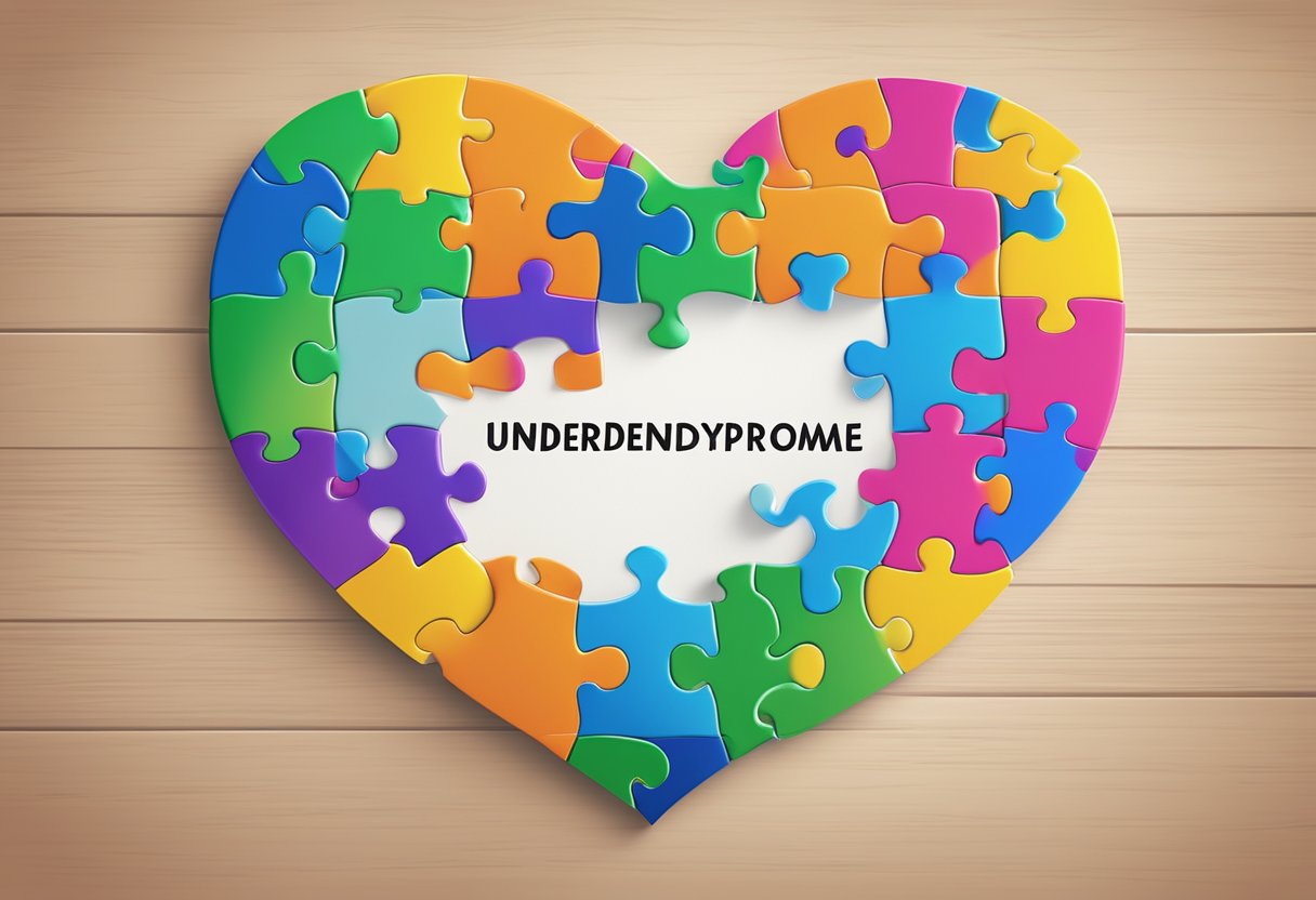 A group of colorful puzzle pieces coming together to form the shape of a heart, with the words "Understanding Down Syndrome" written above it