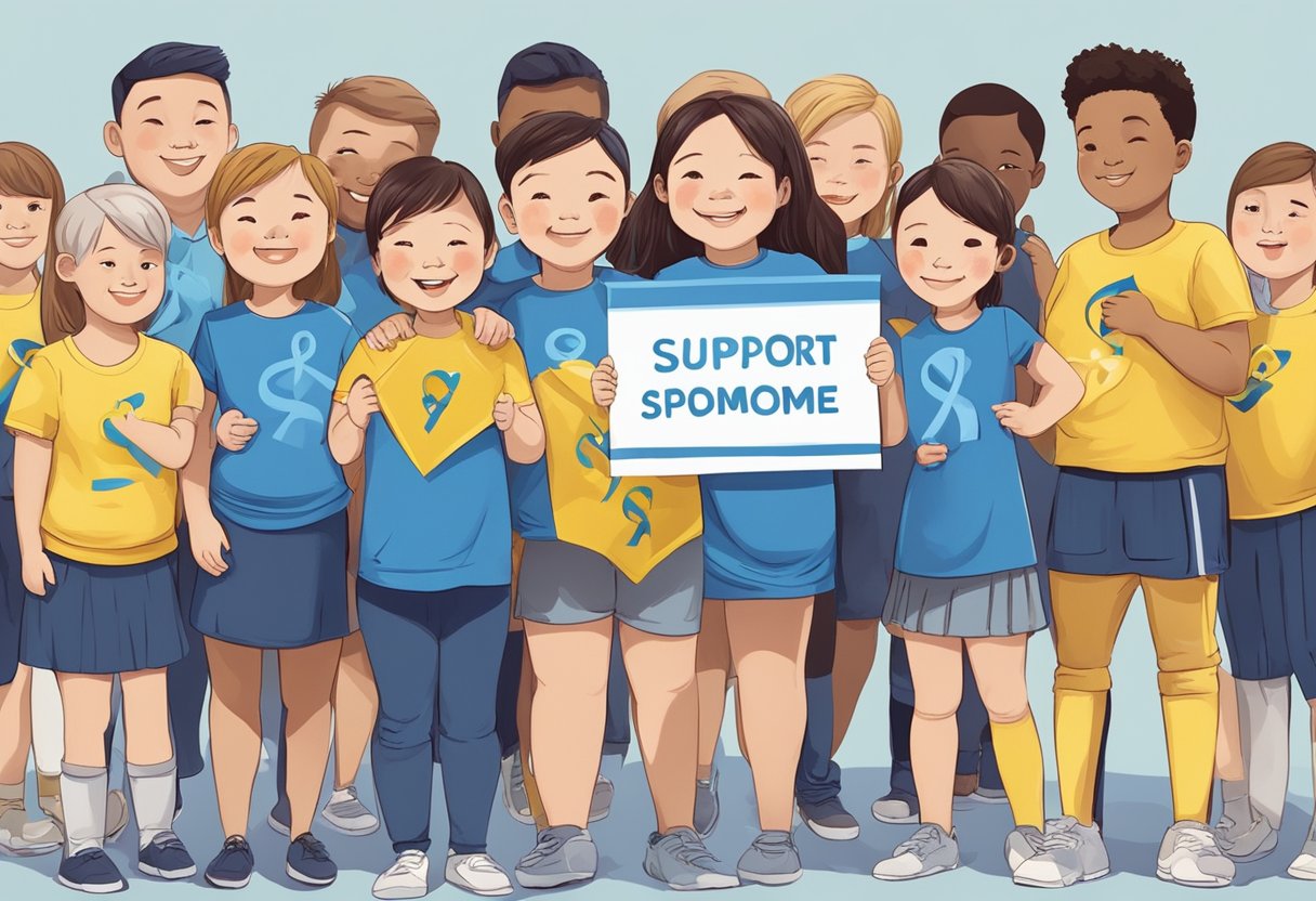A group of people with Down Syndrome gather for support and advocacy. They hold signs and wear blue and yellow ribbons, symbolizing Down Syndrome Awareness Month