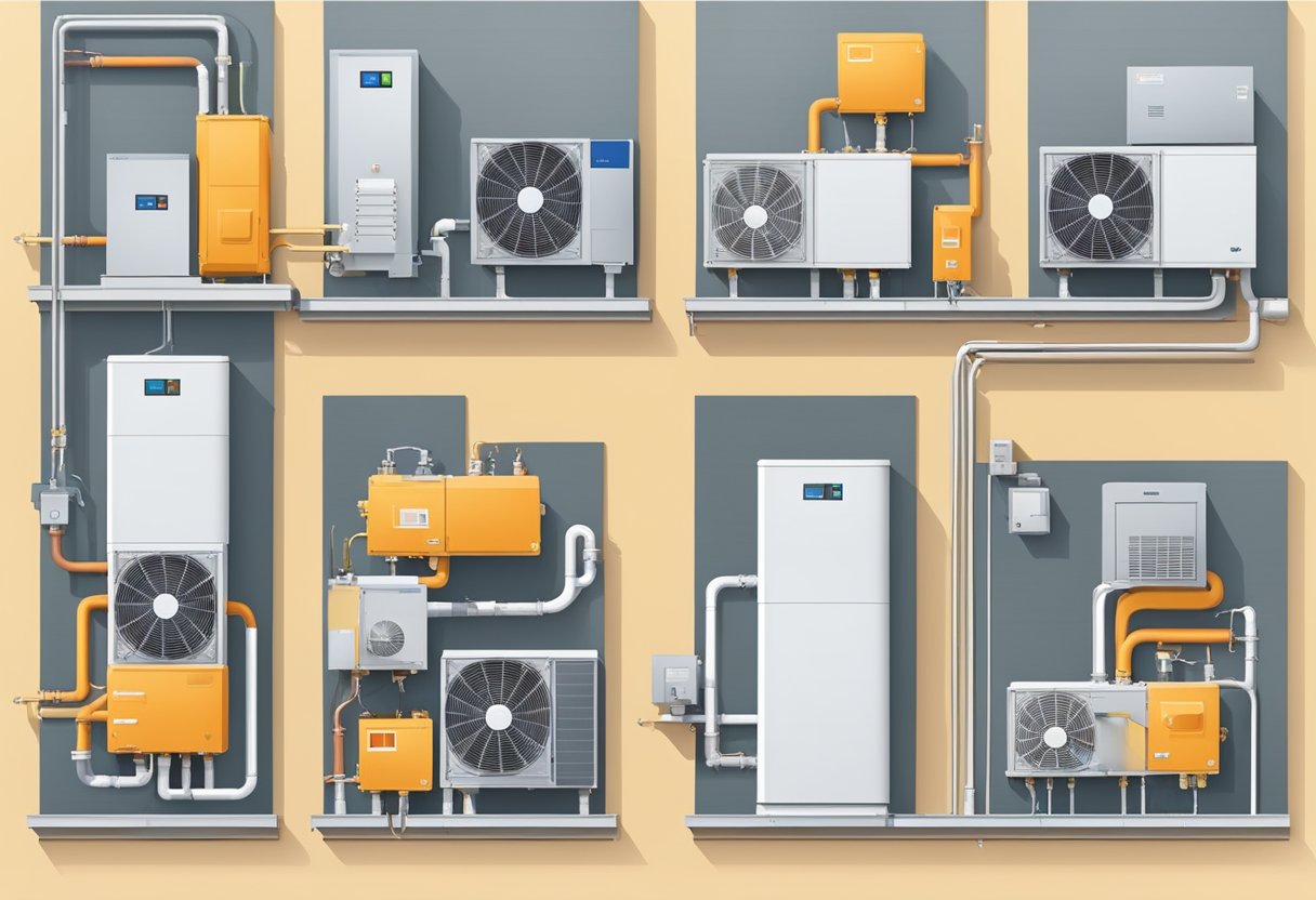 Different types of heat pumps being installed in apartments or houses