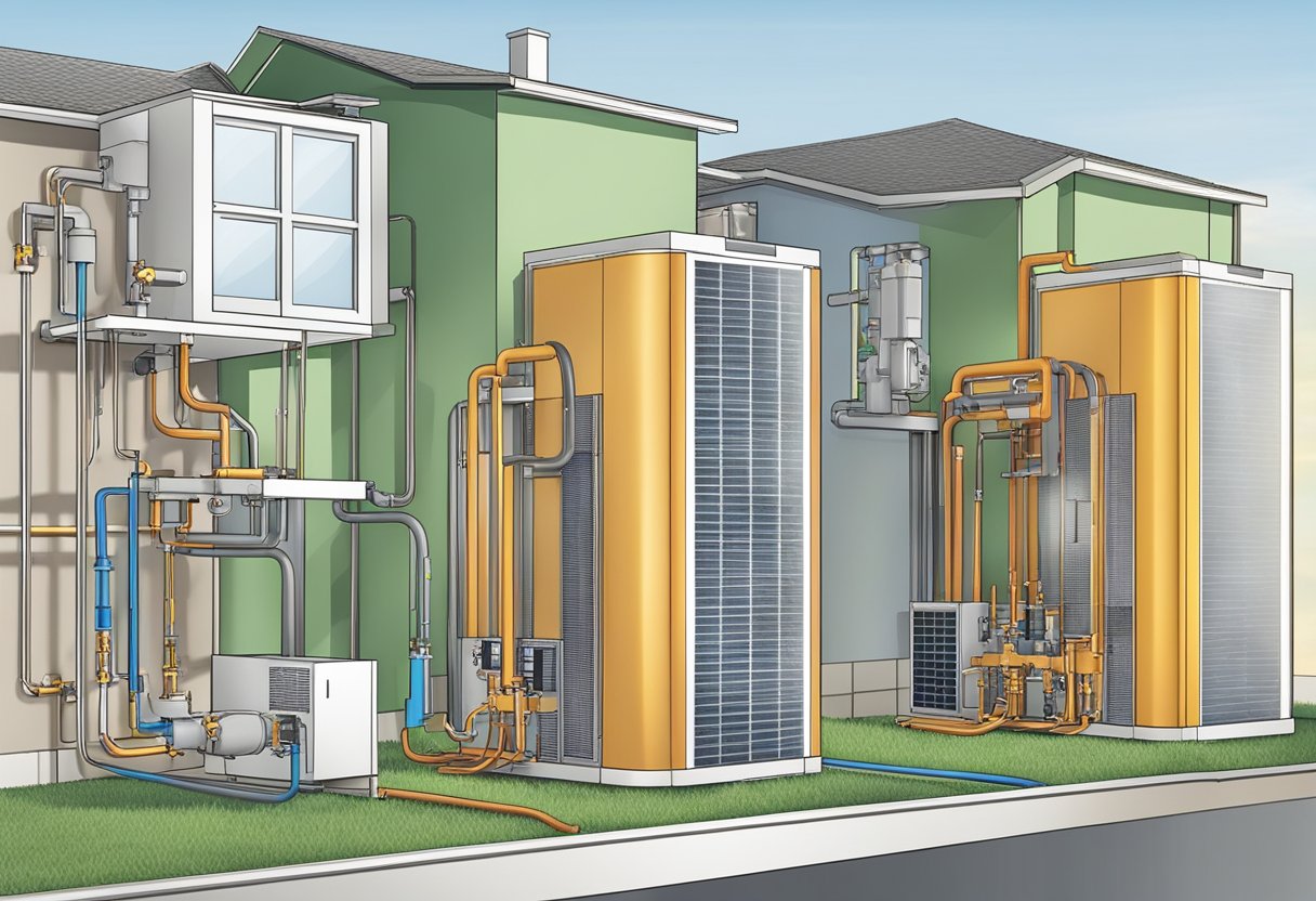 An illustration of various types of heat pumps being installed in different residential settings, such as apartments and houses