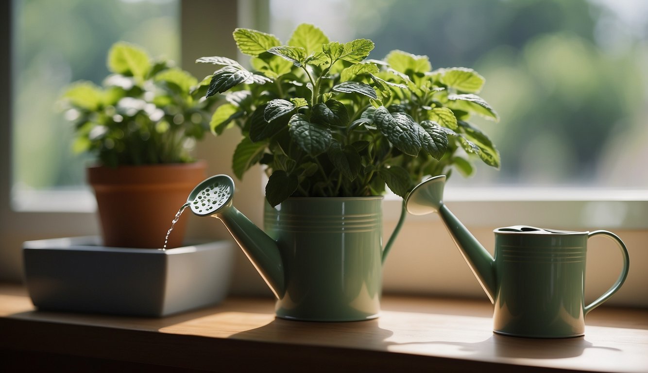 A small watering can pouring water onto a potted mint plant on a sunny windowsill