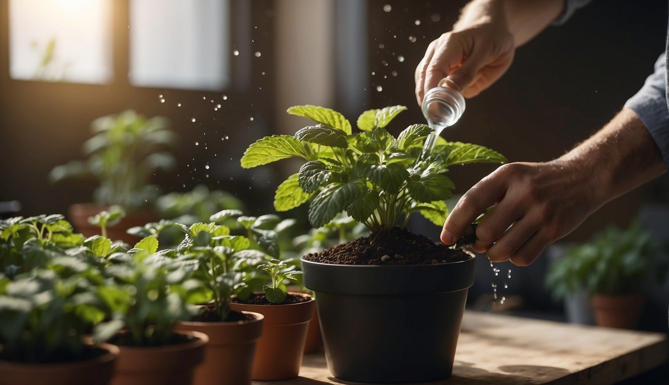 A hand pours water onto a potted mint plant indoors. Another hand holds a small gardening tool, preparing the soil for propagation
