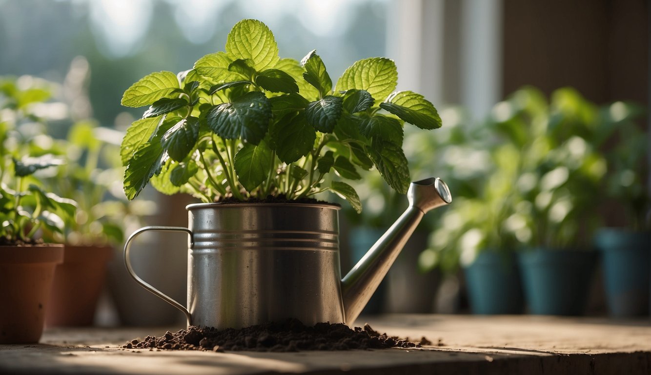 Mint plant sits in a sunny indoor space, surrounded by moist soil. A watering can pours water onto the soil, providing optimal growing conditions