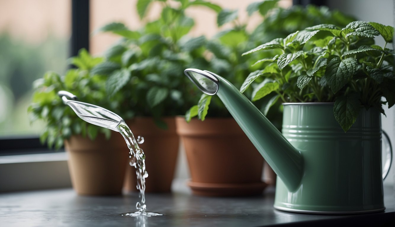 A watering can pours water onto a pot of indoor mint plants