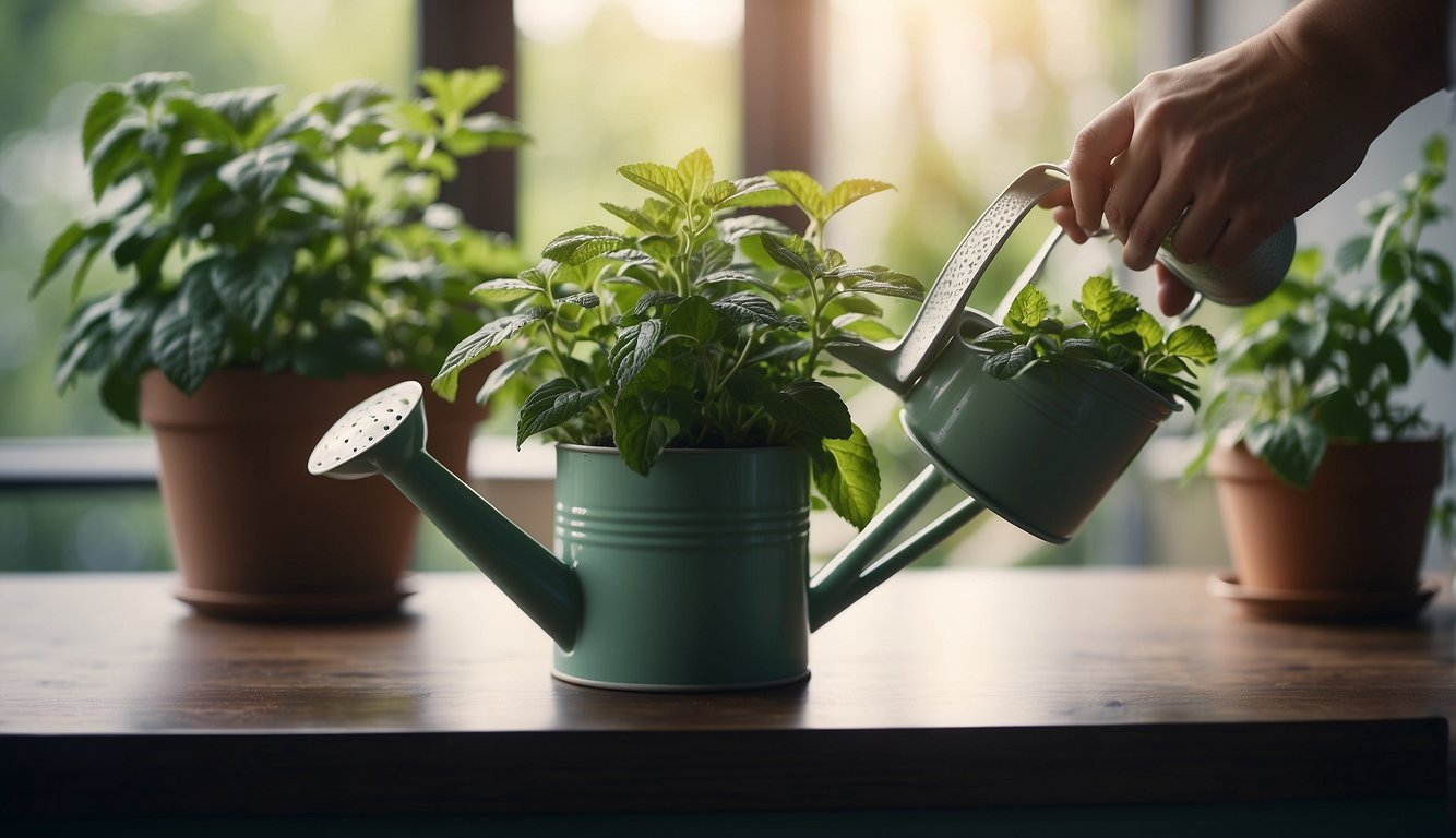 A hand holding a watering can pours water onto a pot of thriving mint plants indoors