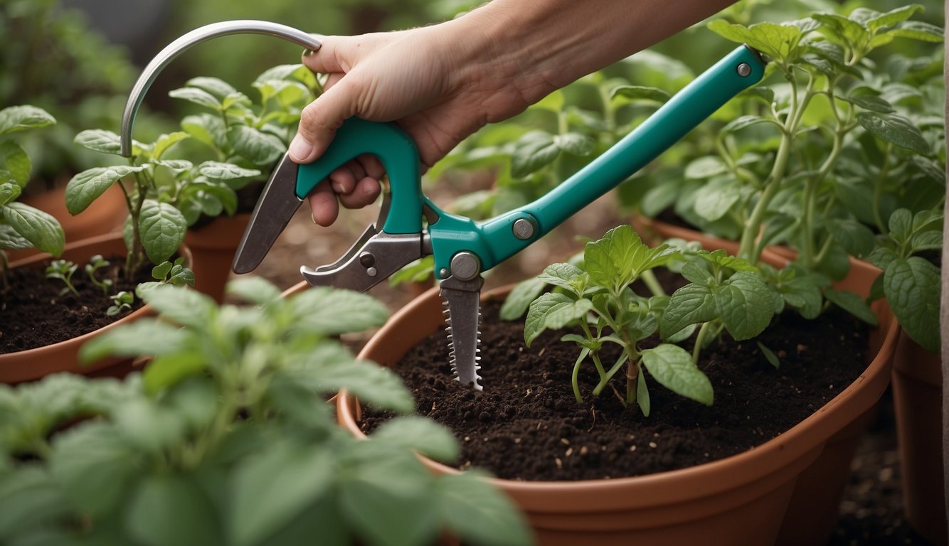 A pair of pruning shears trimming back overgrown mint plants while a watering can pours water into the soil of potted plants
