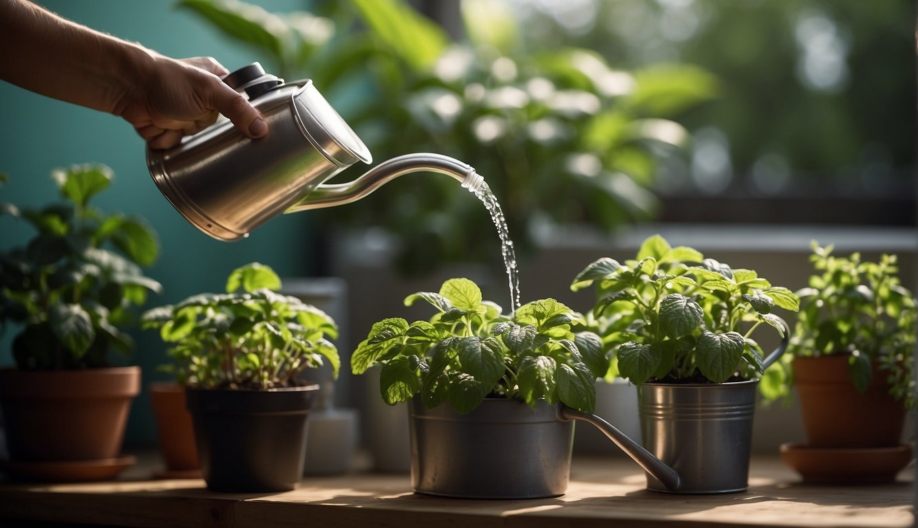 A hand holding a watering can, pouring water onto a potted mint plant. Nearby, a spray bottle of organic pest and disease management solution sits on a table