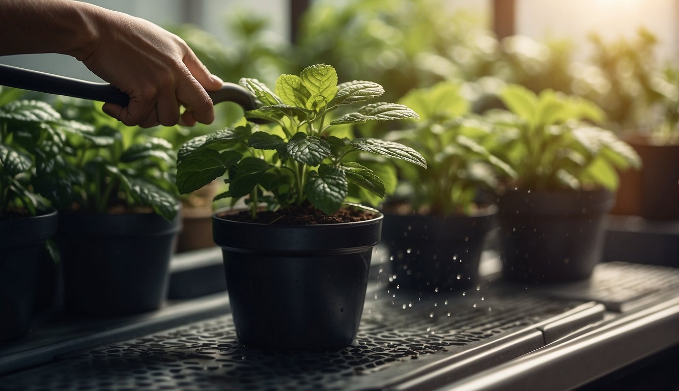 Fresh mint plants being watered indoors, with harvesting tools nearby