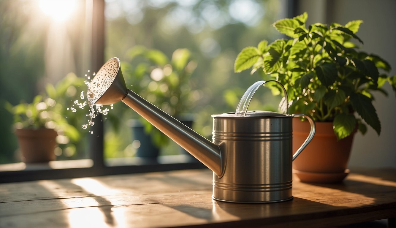 A hand holding a watering can pours water onto a pot of indoor mint, with sunlight streaming in through a nearby window
