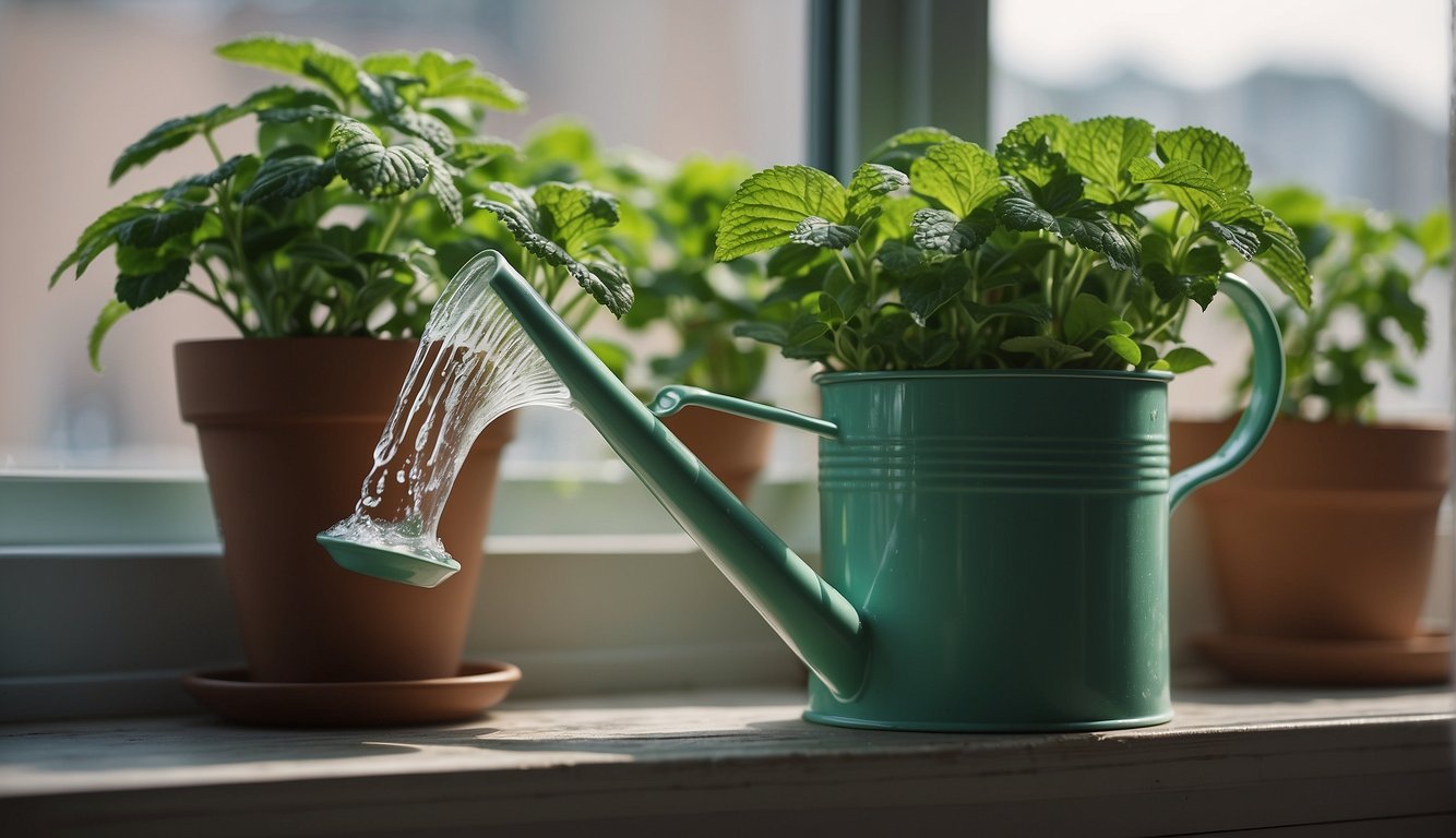 A watering can pours water onto a potted mint plant on a windowsill. A small puddle forms on the windowsill as the plant receives a much-needed drink