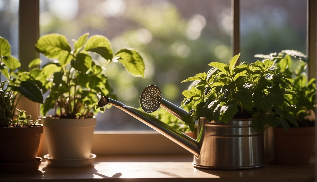 A watering can pours water onto a potted mint plant inside a sunlit room. The plant sits on a windowsill, surrounded by other indoor plants