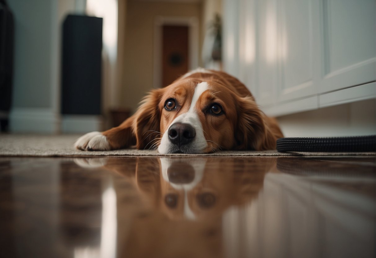 A dog cowers in a corner, ears flattened, eyes wide with fear as a vacuum cleaner looms in the background