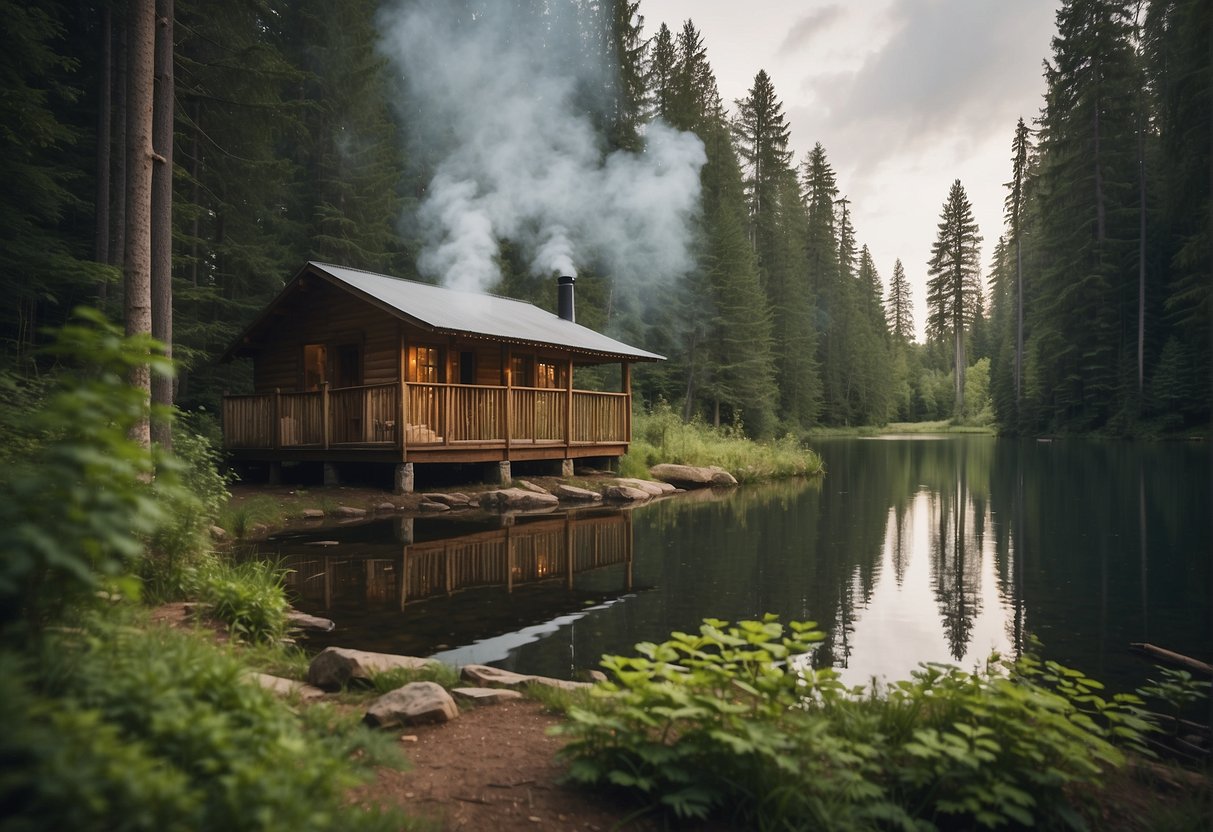 Lush green forest surrounds a tranquil lake, with a small wooden cabin nestled among the trees. Smoke rises from the chimney as a peaceful atmosphere envelops the Eat To Live Retreat