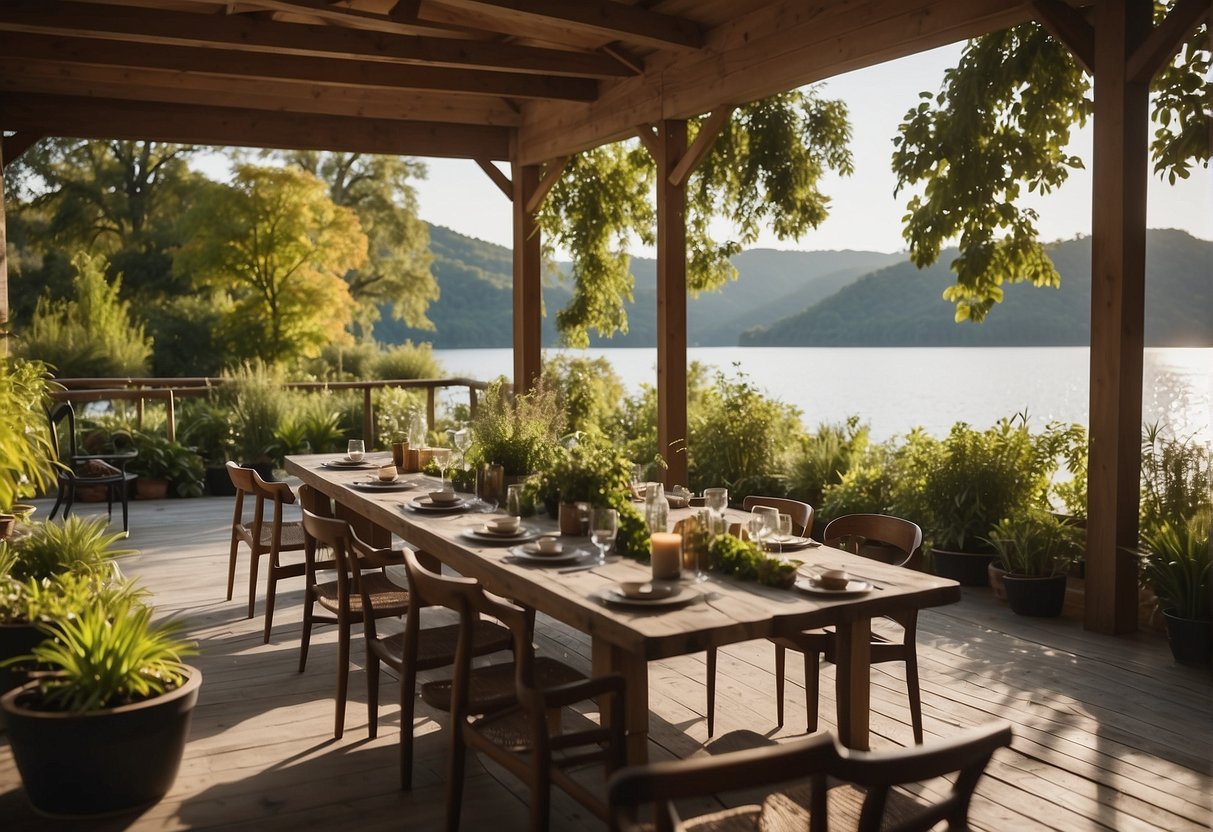 A serene lakeside setting with lush greenery, a cozy dining area with healthy, vibrant plant-based meals, and a group of people engaging in yoga and meditation