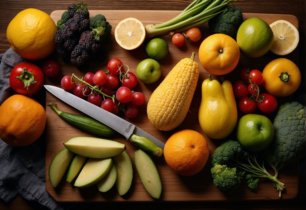 A colorful array of fresh fruits, vegetables, and whole grains arranged on a wooden cutting board, with a chef's knife poised to begin preparing a nutritious meal
