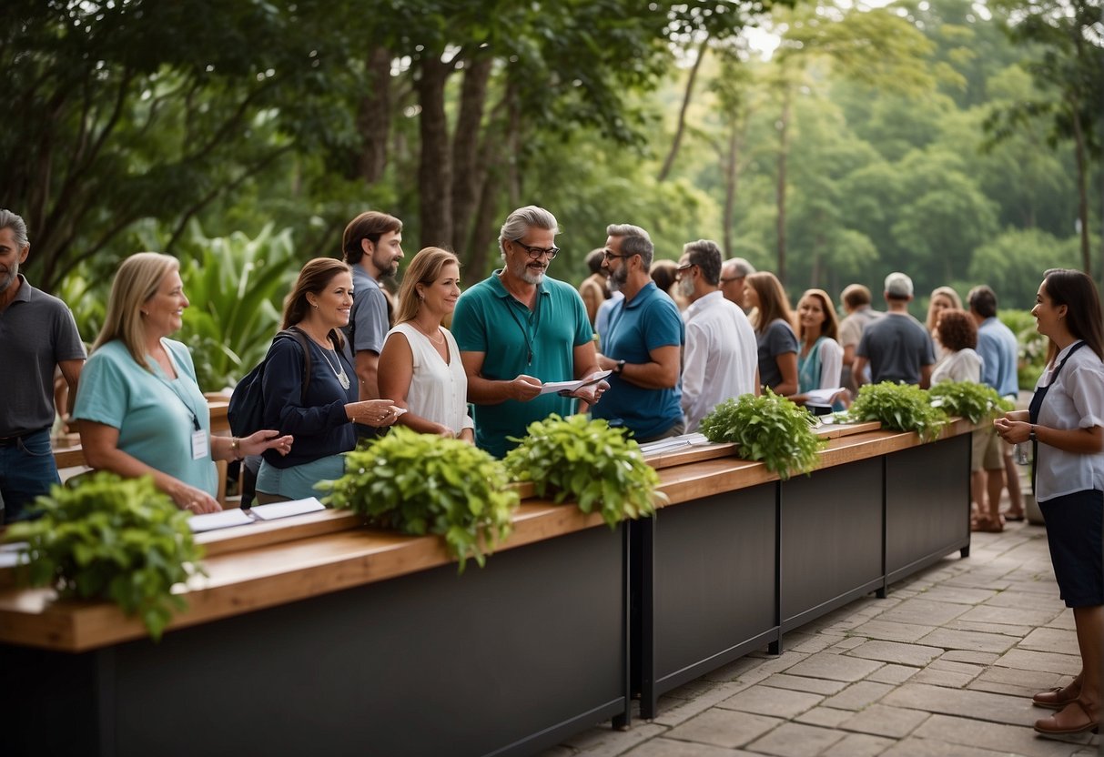 Guests line up at the registration desk, eager to check in for the Eat To Live Retreat. The serene backdrop of lush greenery and a tranquil lake sets the scene for a rejuvenating experience