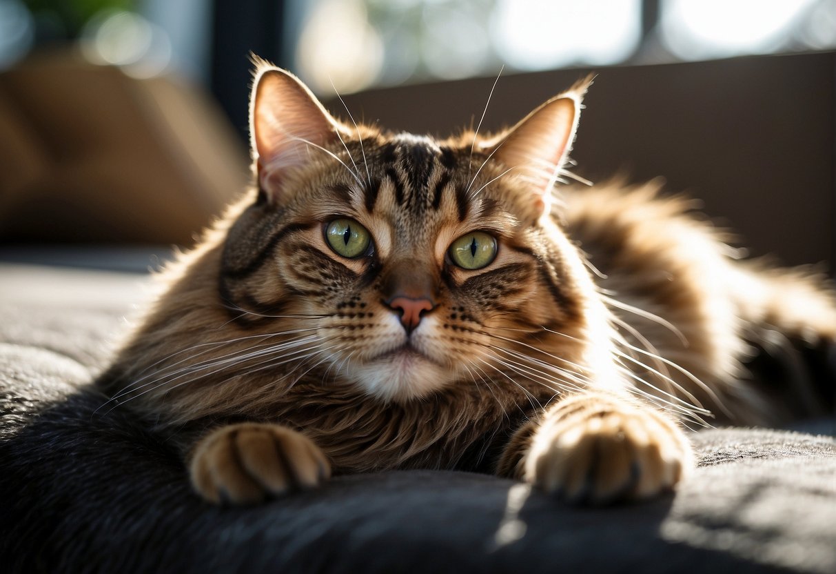 A cashmere Bengal cat lounges on a plush velvet cushion, its sleek fur shimmering in the sunlight filtering through a window