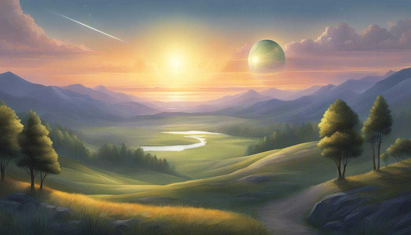 A glowing orb hovers above a serene landscape, emanating a sense of mystery and significance