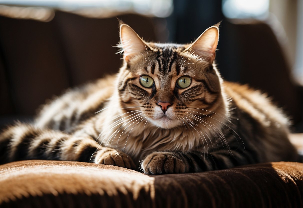 A regal cashmere Bengal cat lounges on a luxurious velvet cushion, its sleek coat shimmering in the sunlight, showcasing its wild and exotic heritage