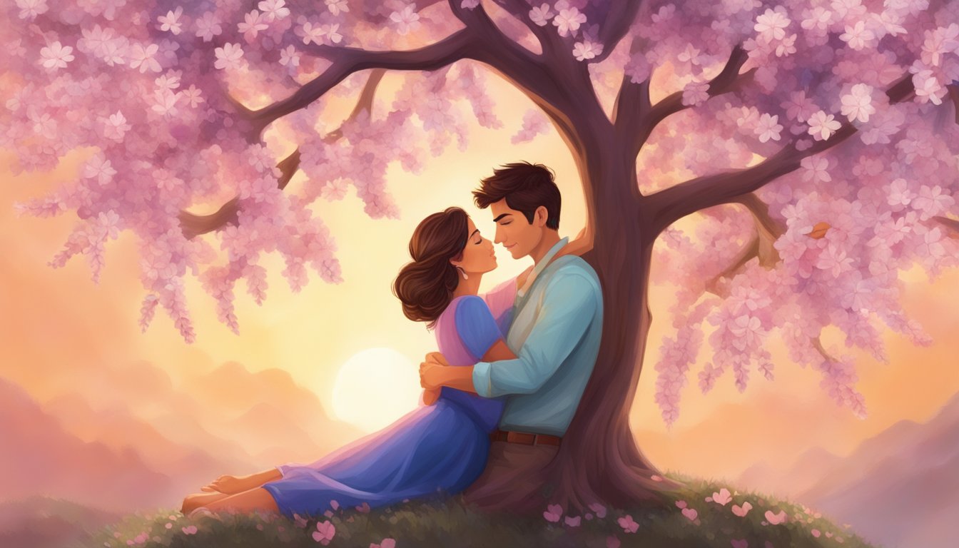 A couple embraces under a blossoming tree, symbolizing love, relationships, and new beginnings