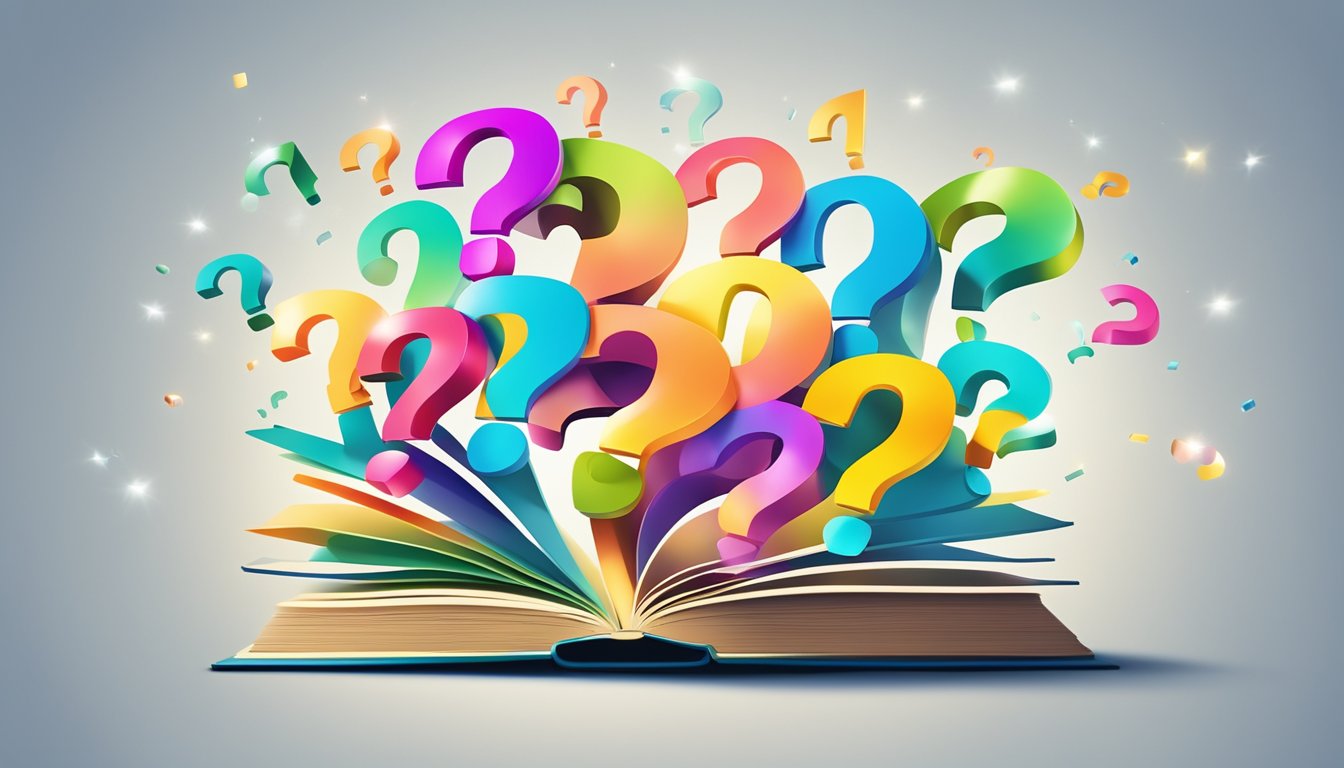 A stack of colorful question marks floating above a book, with a spotlight shining on the title "Frequently Asked Questions 9 Bedeutung."