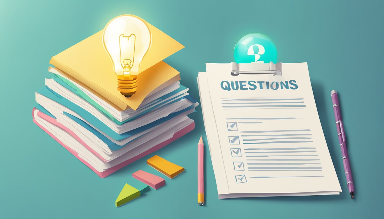 A stack of papers with "Frequently Asked Questions 13 Bedeutung" printed on top, surrounded by question marks and a lightbulb symbol