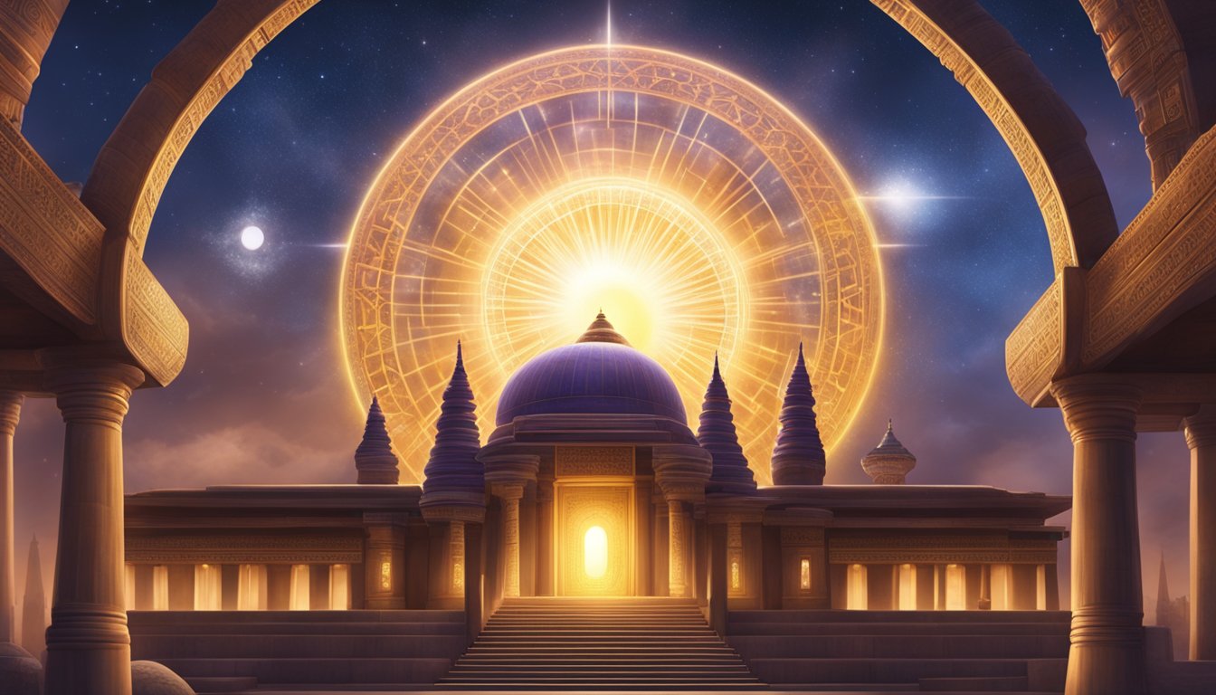 A glowing orb hovers above a ancient temple, radiating energy to surrounding symbols of various faiths and spiritual connections